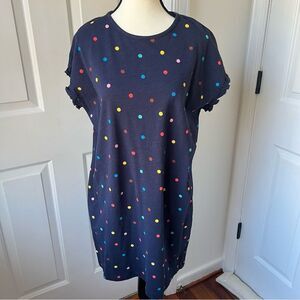 Boden Faye Navy Blue Ruffle Trim Rainbow Colored Polka Dot T-Shirt Dress US6R